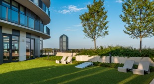 Outdoor terrace with cornhole