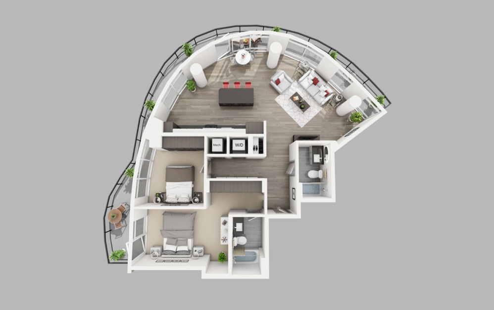 B1 - 2 bedroom floorplan layout with 2 bathrooms and 1233 square feet