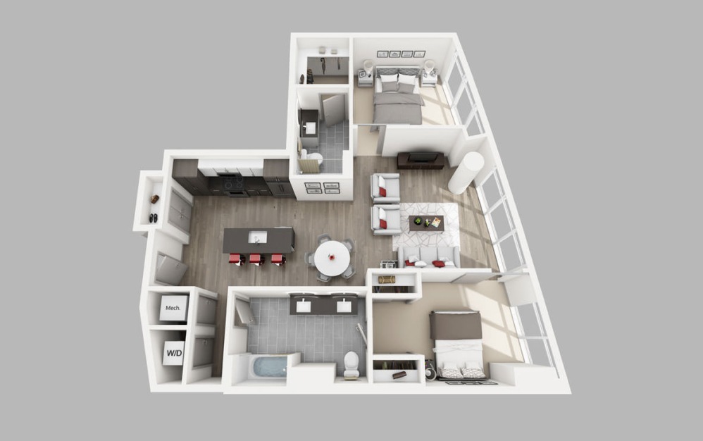 B5 - 2 bedroom floorplan layout with 2 bathrooms and 1129 square feet