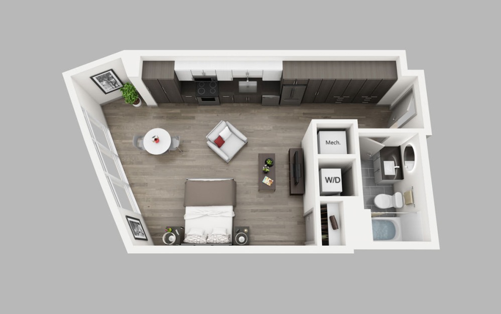 S3 - Studio floorplan layout with 1 bathroom and 611 square feet